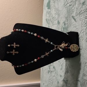 Cross Multi-Charm Necklace and Earrings Set